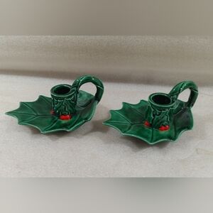 Lefton Christmas Holly Berry Handled Taper Candle Holders